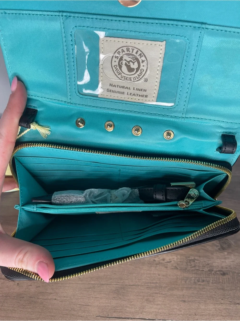 Spartina 449 snap wallet large floral linen leather black new